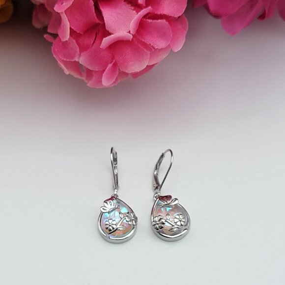 Sterling Silver 925 Butterfly & Flower Adorned Moonstone Dangle Earrings Hinged - Picture 1 of 9